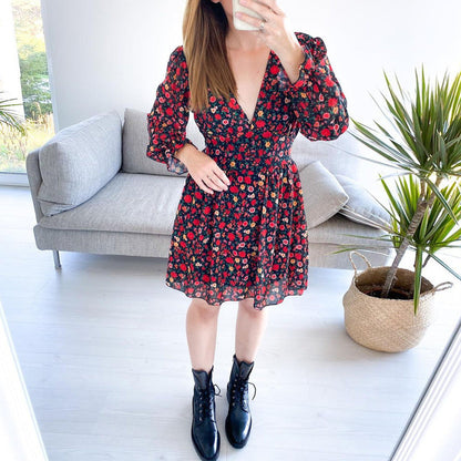 Red Floral Spring-Summer Dress | Talia