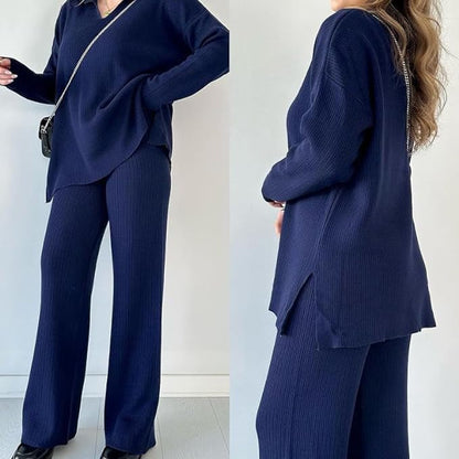 Women's V-Neck Comfortable Stretch Knit Suit (Top + Pants)