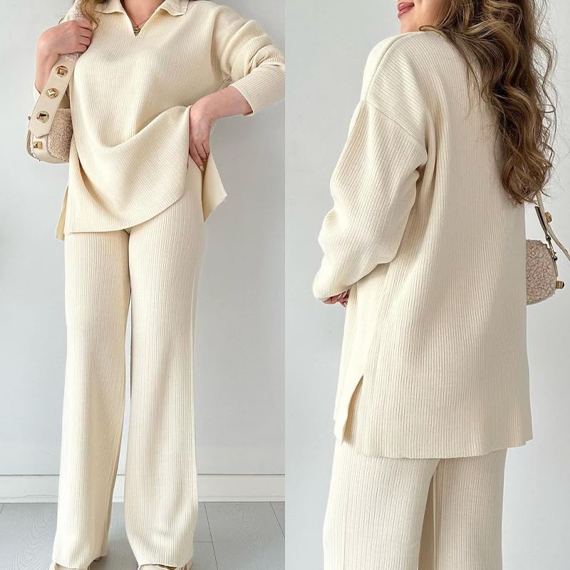 Women's V-Neck Comfortable Stretch Knit Suit (Top + Pants)