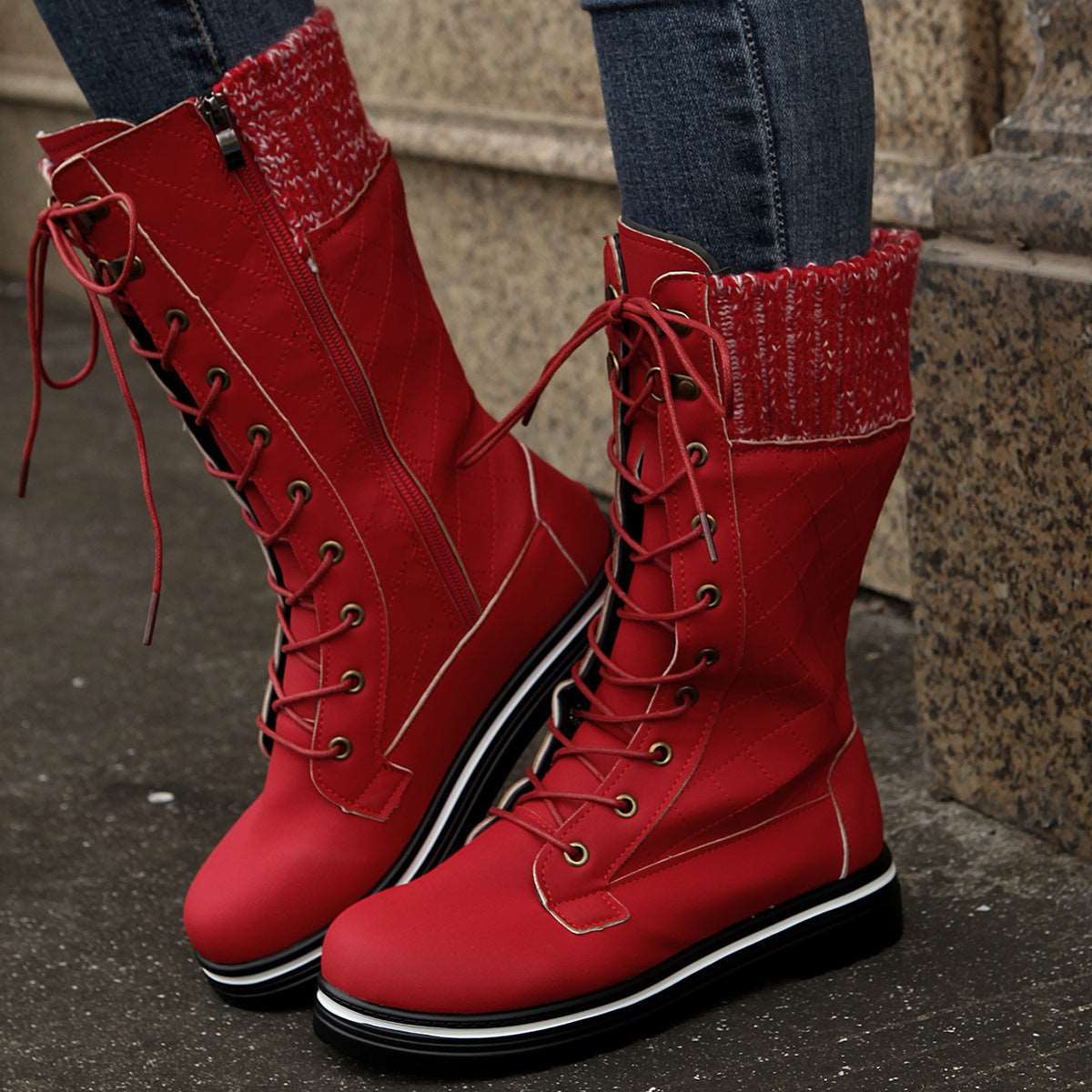 WalkSole - Rouge / 37, Rouge / 37 , Western Chic - Bottes hautes à lacets pour mollets moyens